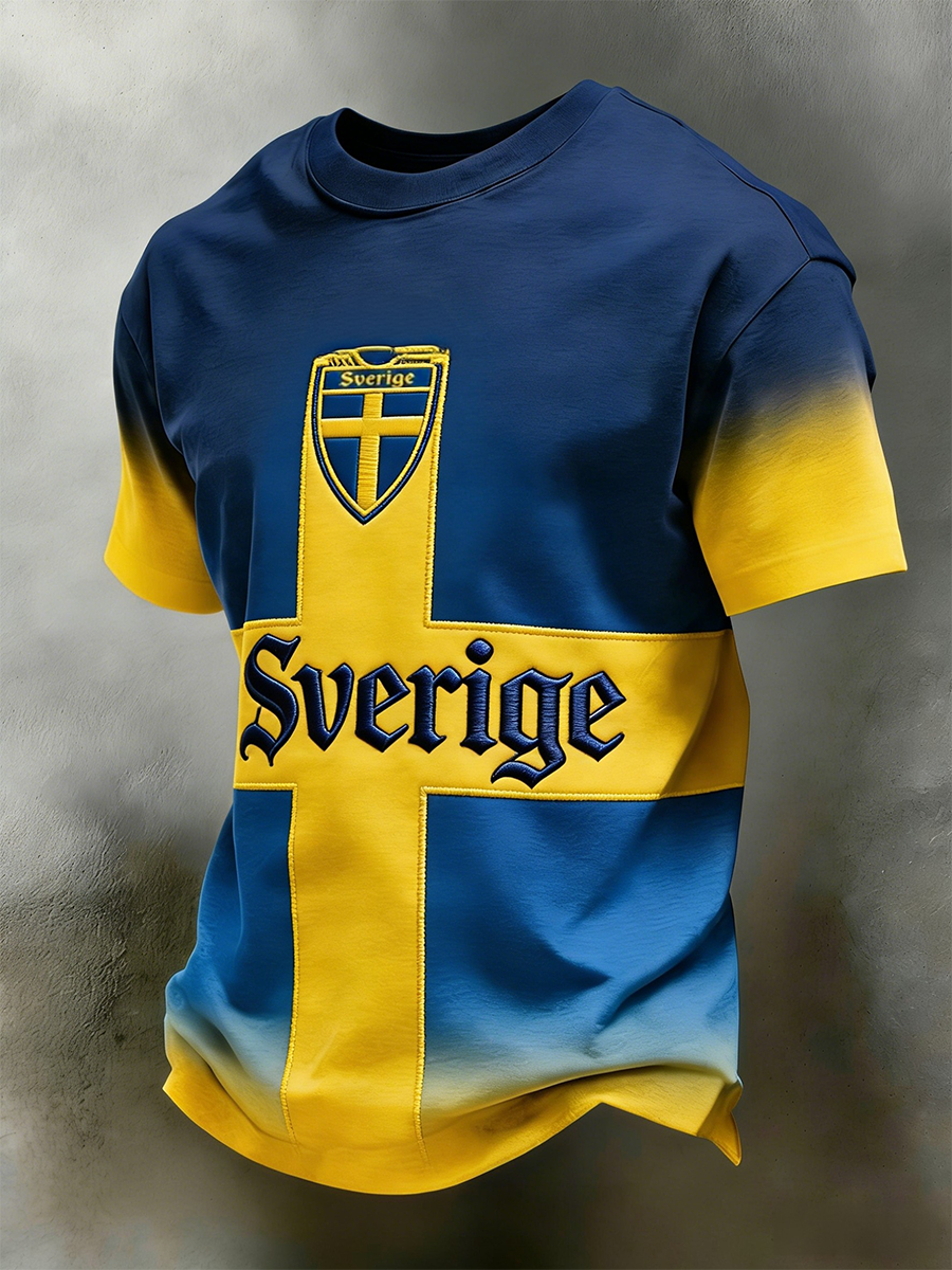 Retro Viking Swedish Flag Badge Casual Sporty Short-Sleeved T-Shirt
