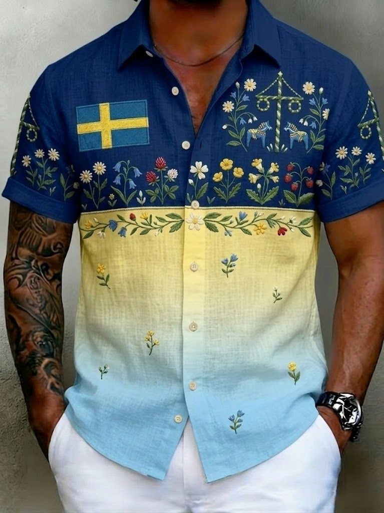 Men's retro Swedish Midsummer folk never floral cotton-linen short-sleeved shirt