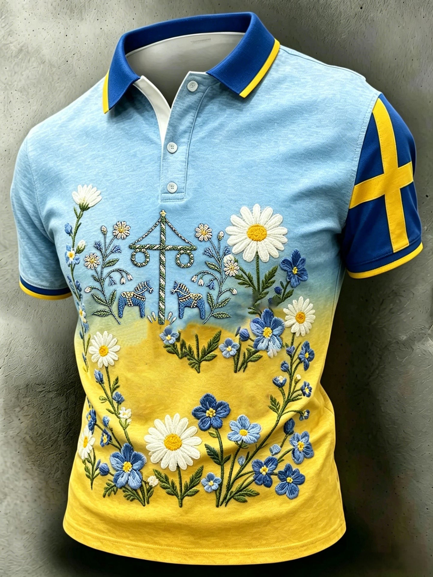 Men's Retro Swedish Midsummer Folk Floral Short Sleeve Polo Shirt