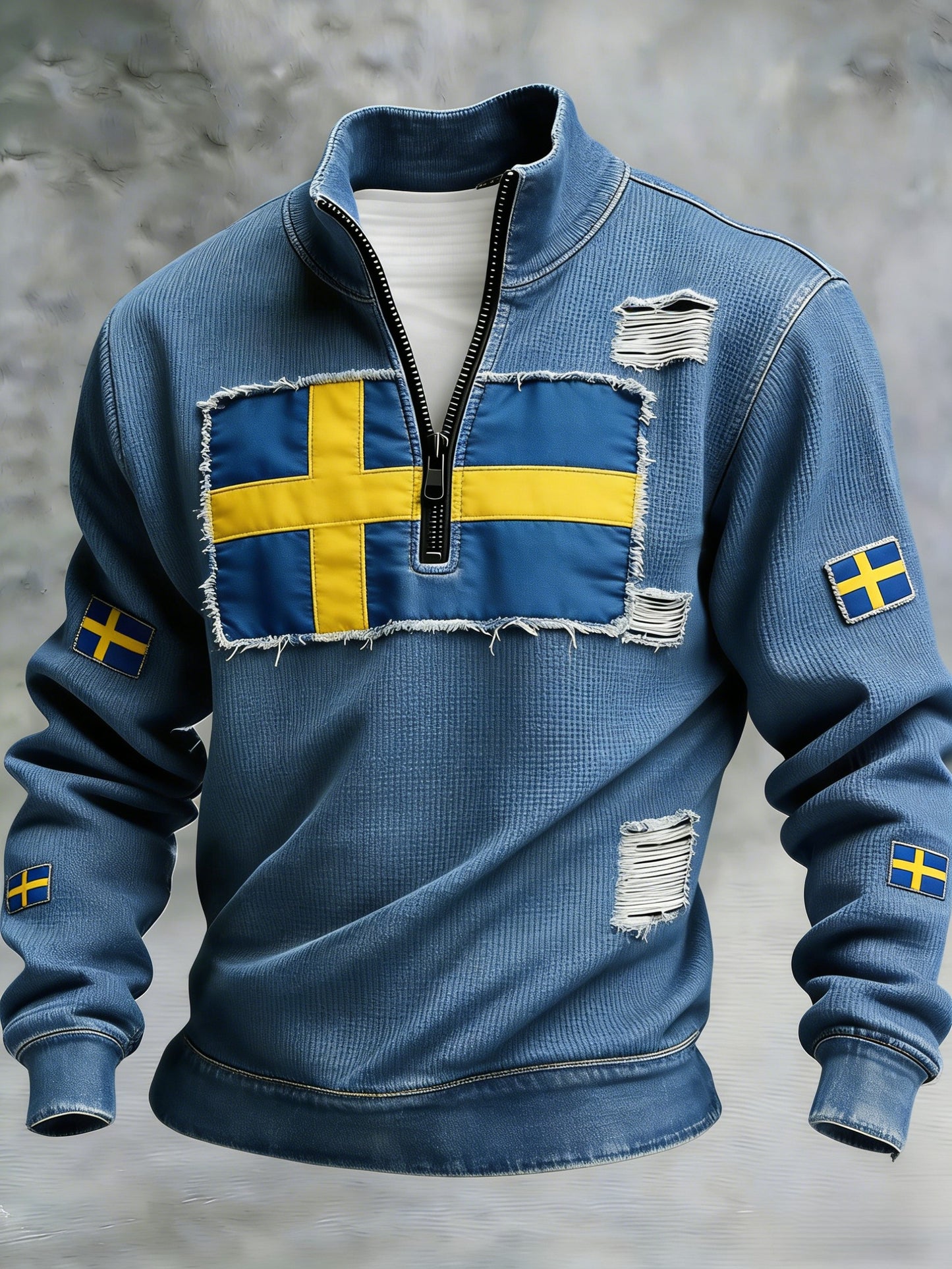 Men's Retro Swedish Flag Patch Casual Waffle Sweatshirt
