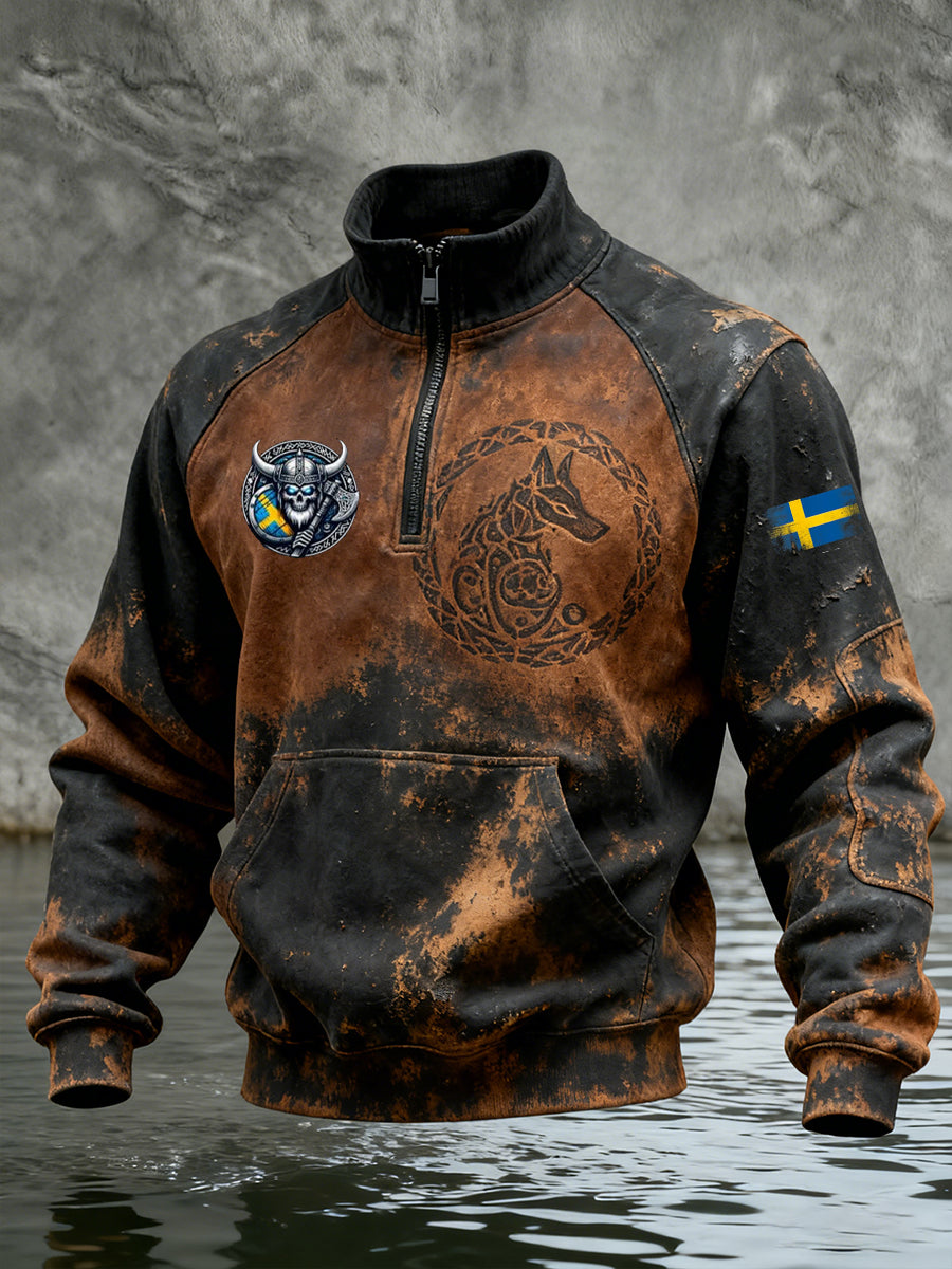 Vintage Viking Svenska flaggmärke mönster Zip-Up Bekväm Pullovere