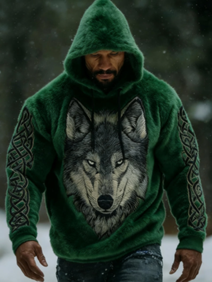 Men's Viking Vintage Wolf Celtic Flannel Warm Hoodie.