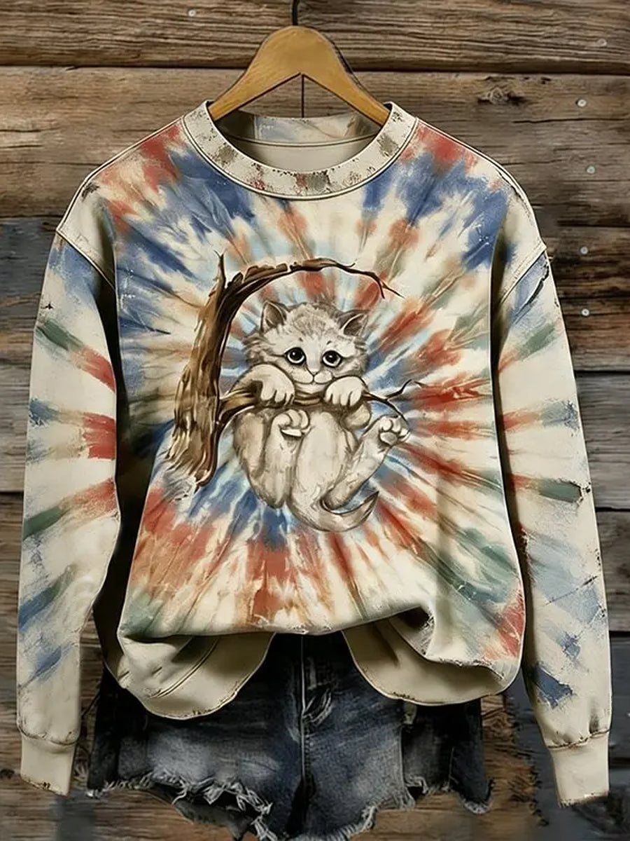 Women's Opalite Kitten in Tree Tie Dye Art Sweatshirt