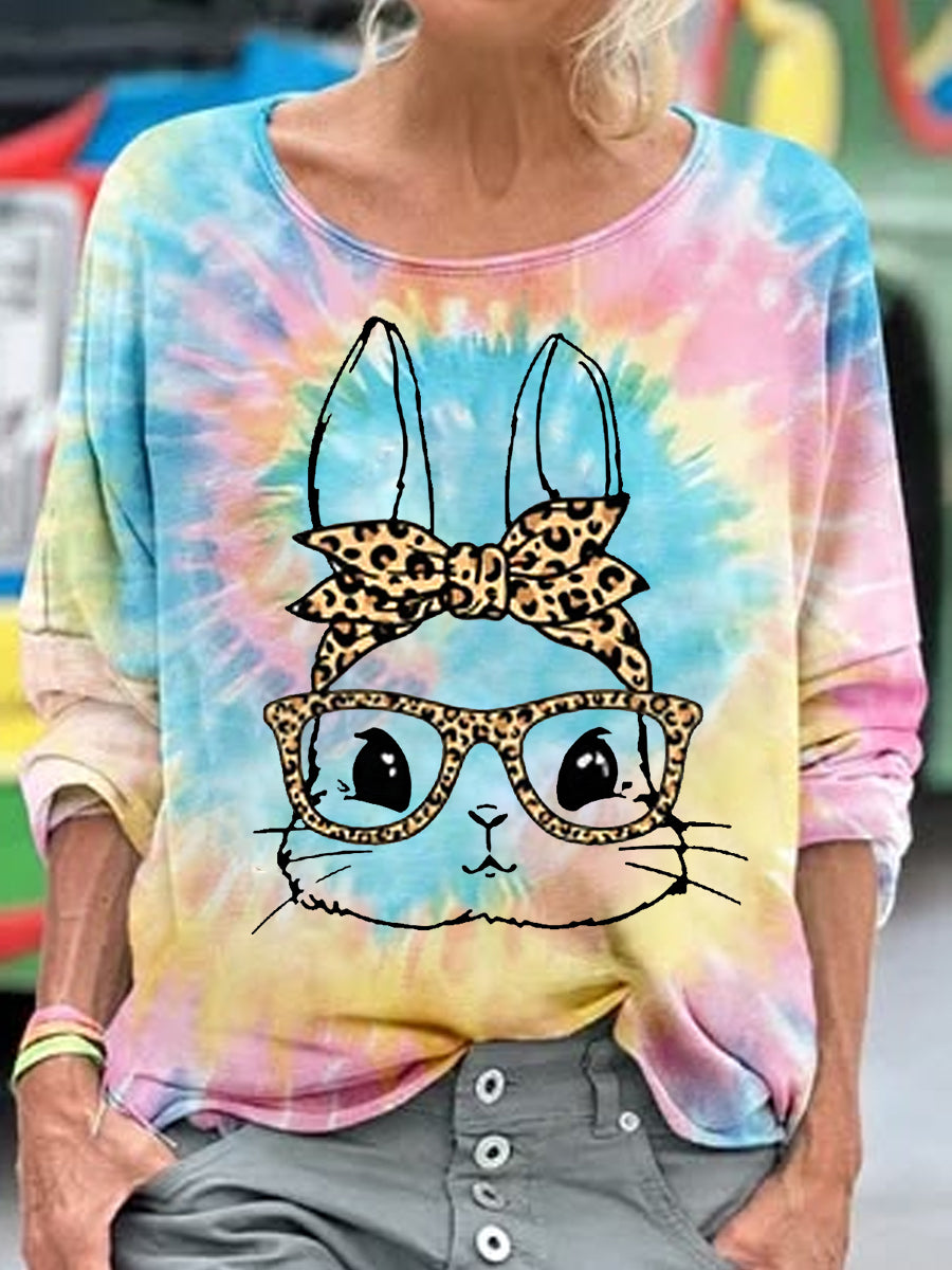 Women's Cute Leopard Bunny Print Casual Long Sleeve Top
