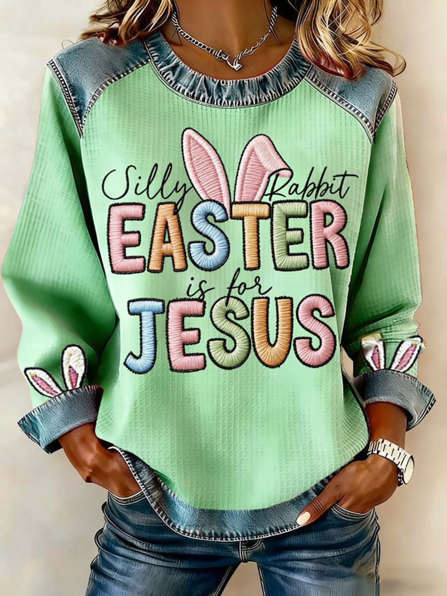 Women's Silly Bunny Easter Is For Jesus Waffle Denim Patchwork Top