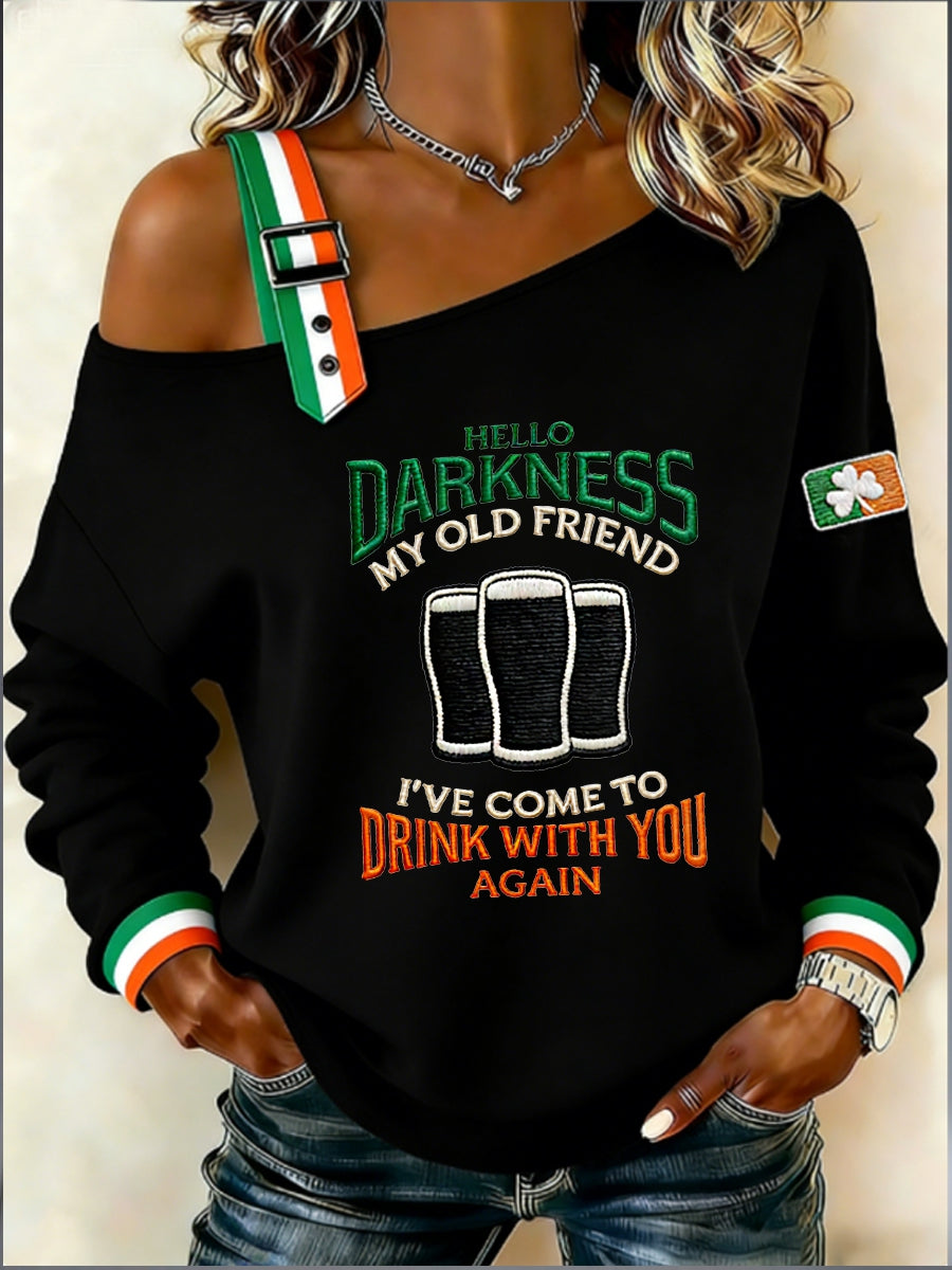 Kvinnors Vintage Cat Patchwork Print Casual Off-Shoulder Sweatshirt