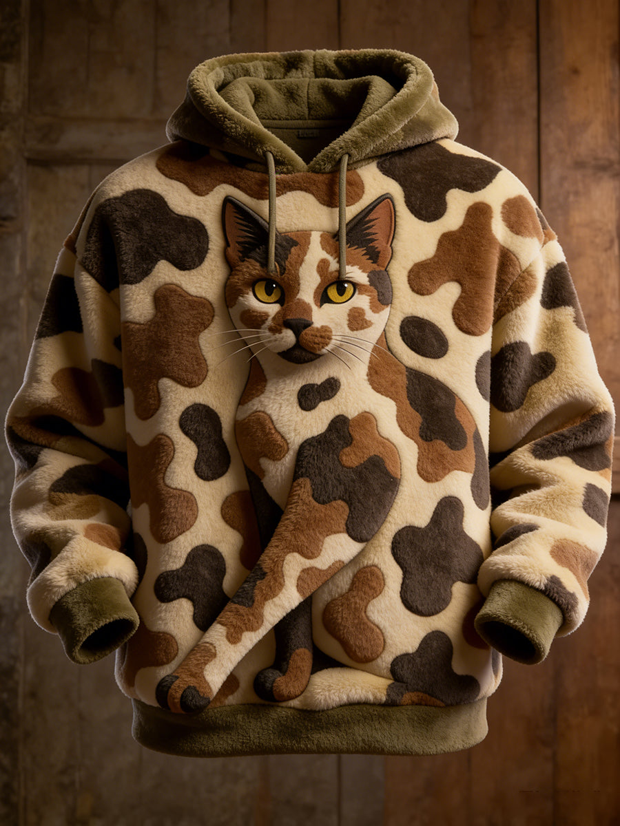 Men's Funny Cat Camouflage Art Print Flannel Hoodie Flannel