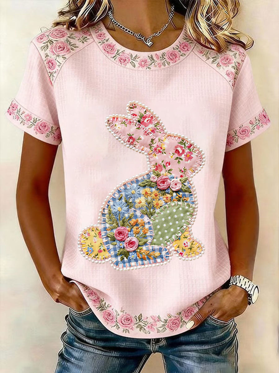 Kvinnors påskhare Konst Floral Patchwork Skriv ut Casual Kort ärm T-shirt