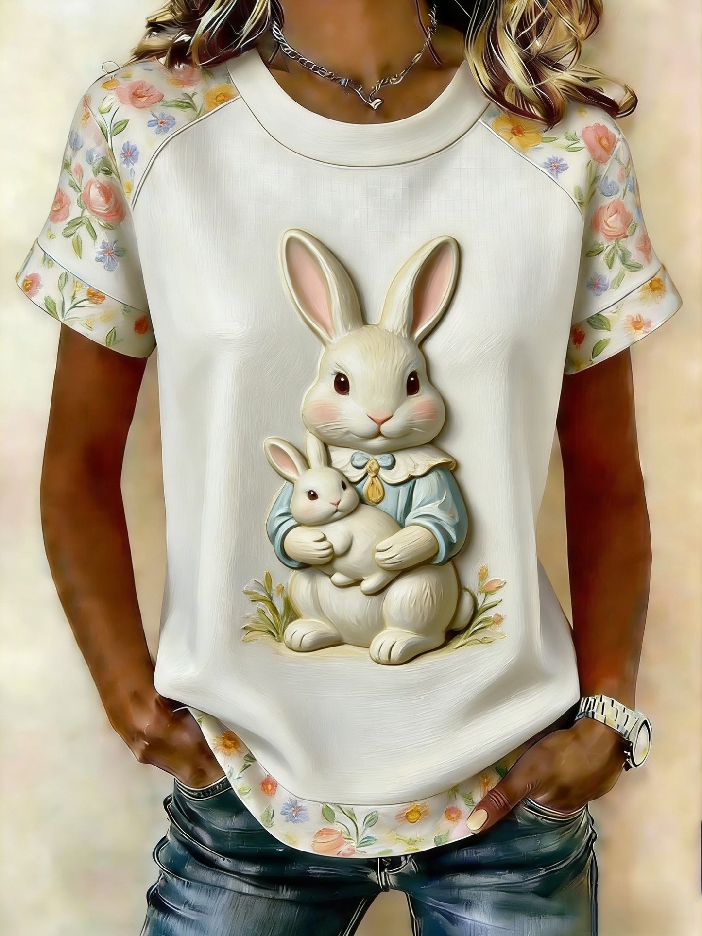 Women's Retro Cute Rabbit Easter Casual Short-Sleeve T-Shirt