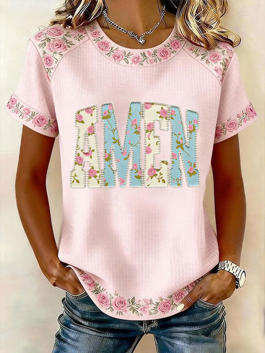 Kvinnors påsk Floral Christian Amen Pärlor Patchwork Skriv ut Casual Kort ärm T-shirt