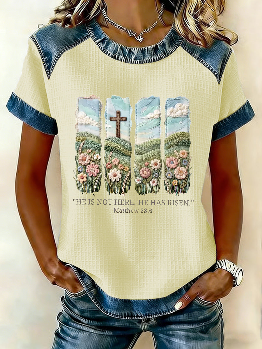 Women's Christian Easter He Is Not Here He Has Risen Matthew 28:6 Waffle Patchwork Short Sleeve T-Shirt