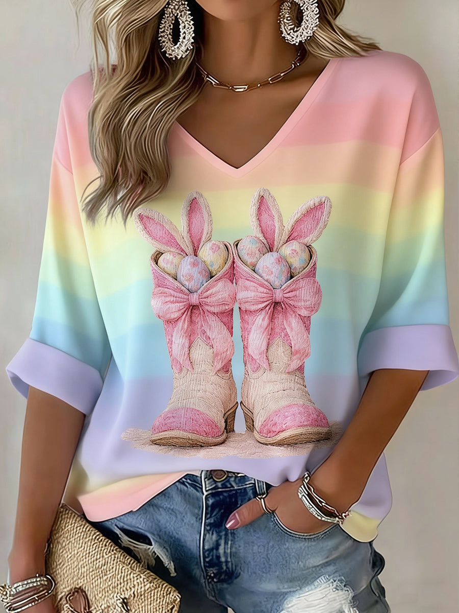 Kvinnors V-hals mitt ärm påsk Bunny Printed Casual T-shirt