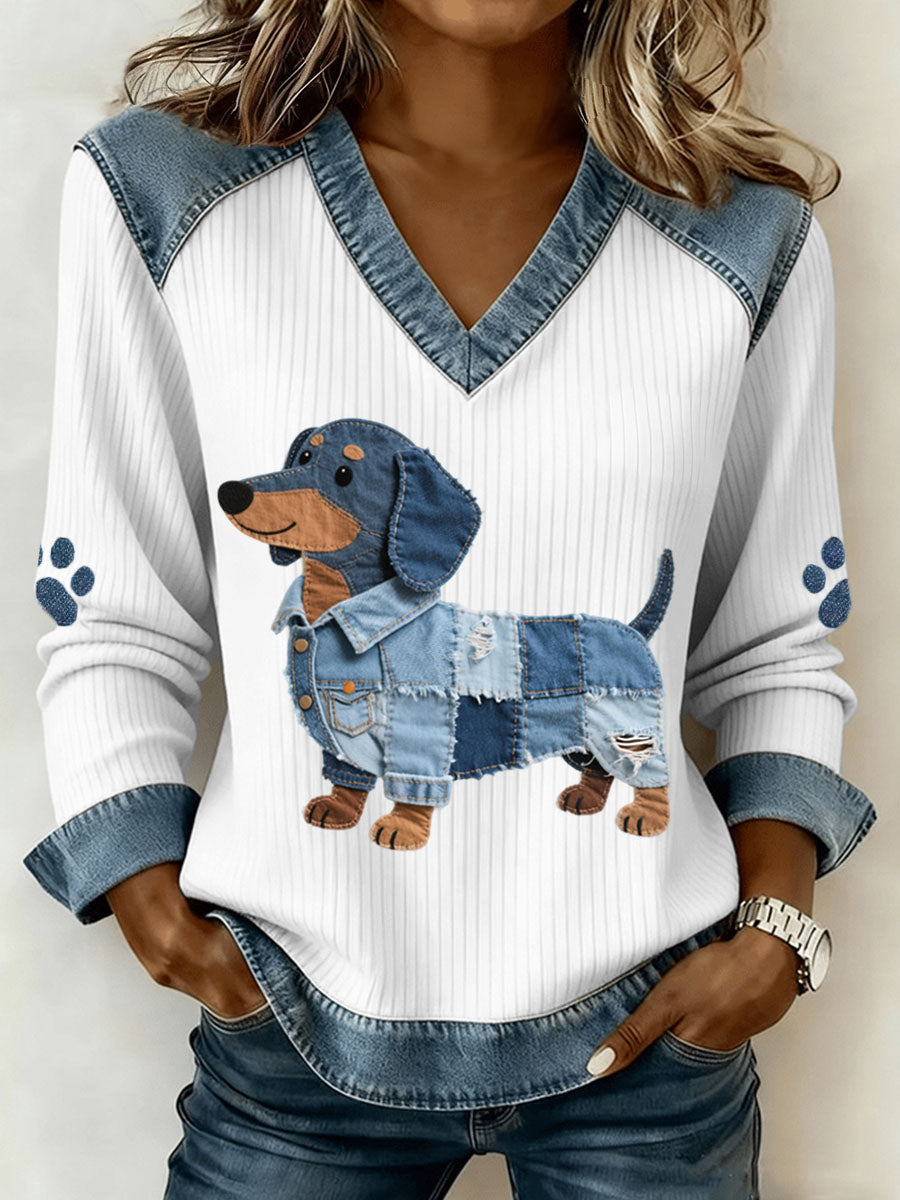Kvinnors söta blåhund mönster Denim Patchwork Art V-hals topp