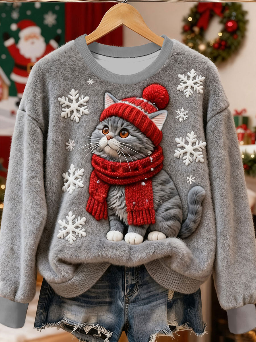 Kvinnors söta jul katt konst Skriv ut Casual Flannel Sweatshirt