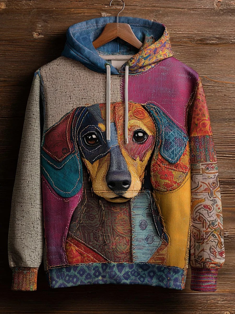 Vintage Patchwork Dog Print Art Casual Hoodie.
