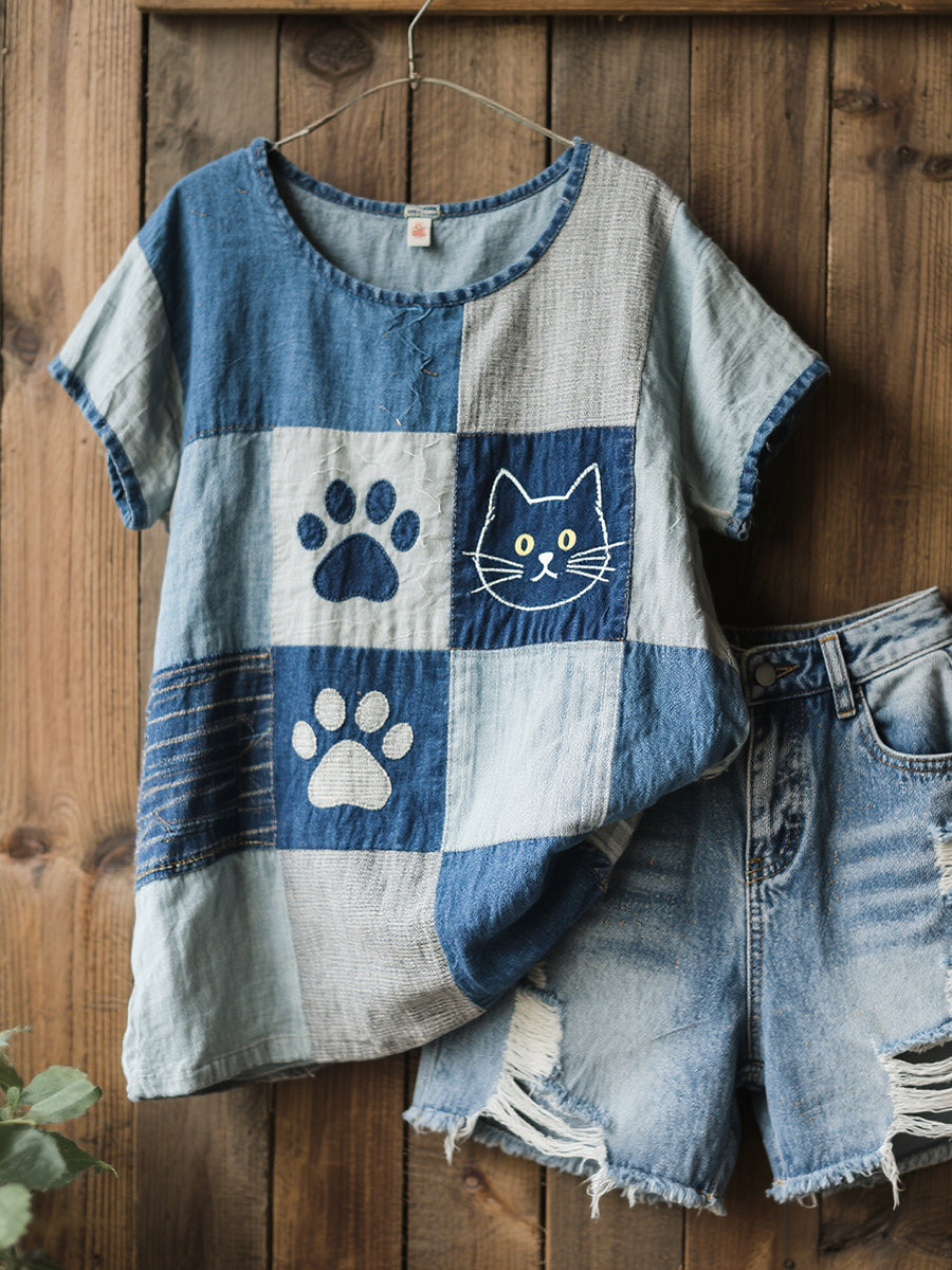 Women's Beautiful Cat Pattern Design Art Linen Blend Shirt