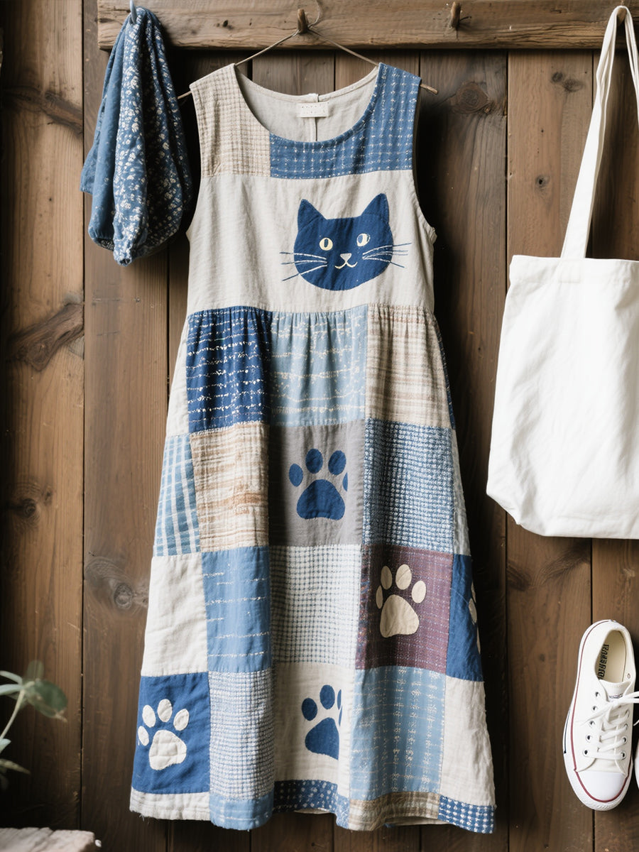 Women's Beautiful Cat Pattern Linen Blend Dress
