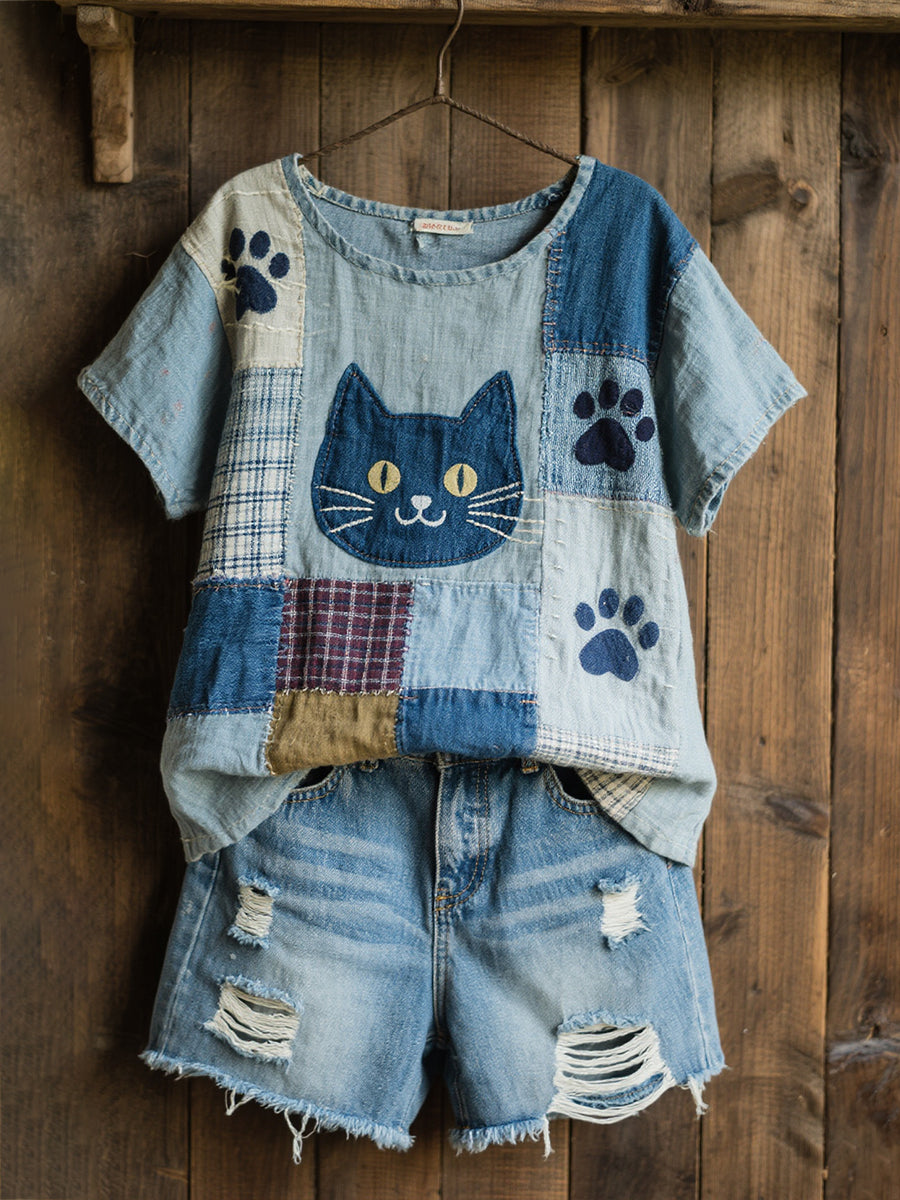 Women's beautiful cat pattern design art linen blend shirt