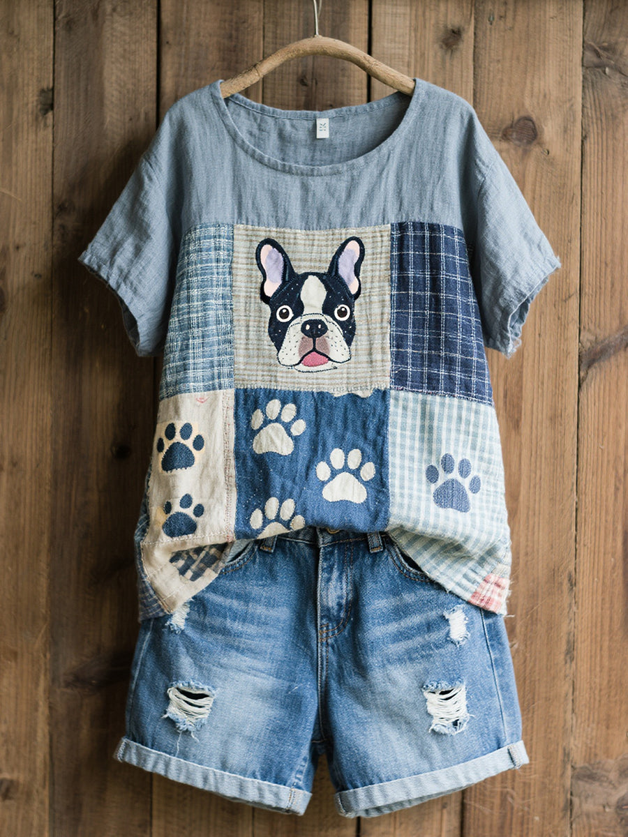 Women's Beautiful French Bulldog Pattern Pattern Pattern Art Linen Blend Shirt