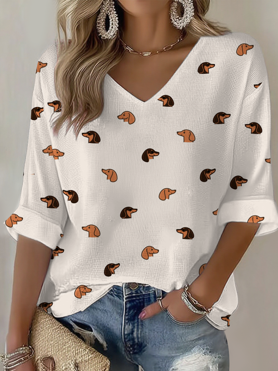 Women's Cute Dachshund Smothering Dog Printed Waffle T-Shirt