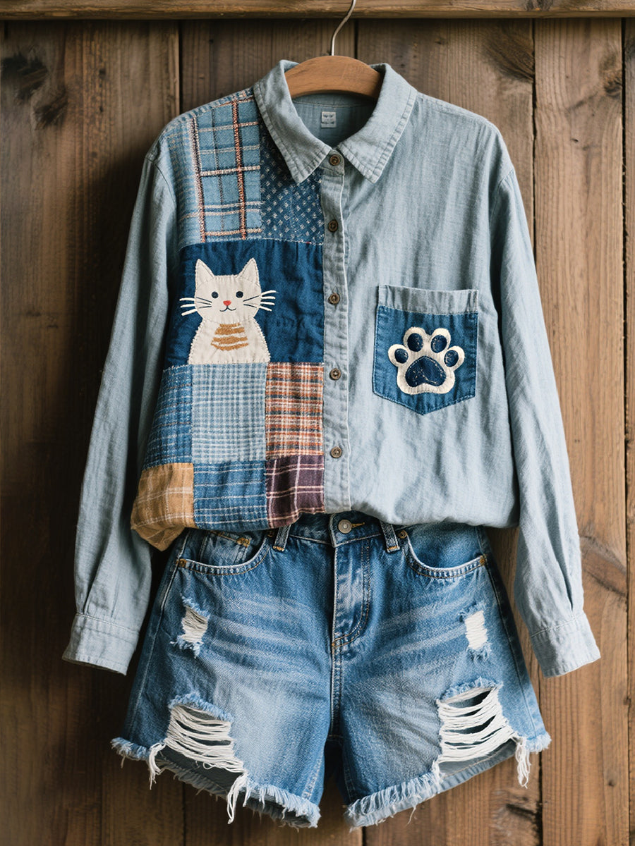 Women's beautiful cat pattern print art linen blend shirt
