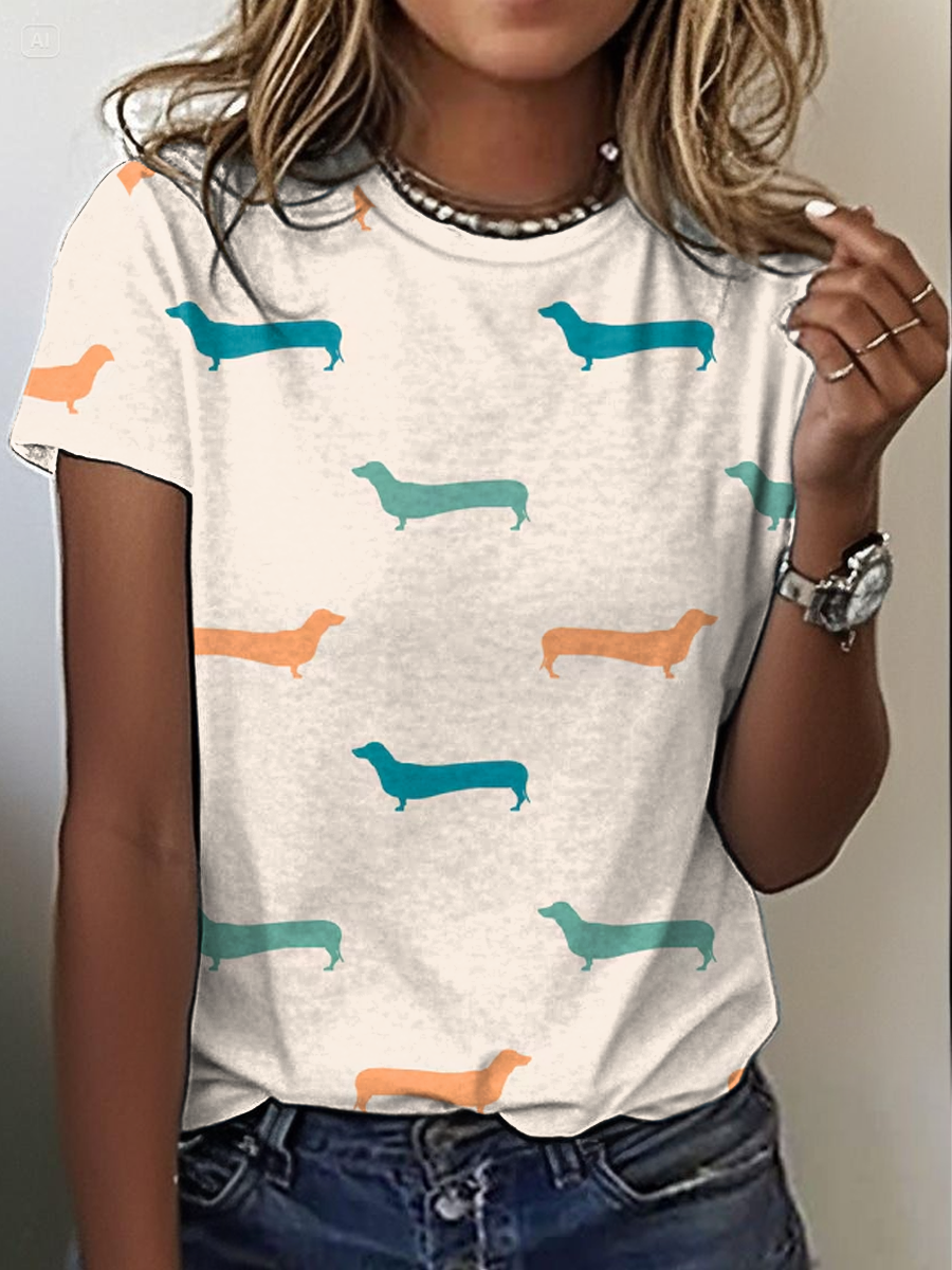 Women's Cute Tense Dog Printed Short Sleeve T-Shirt