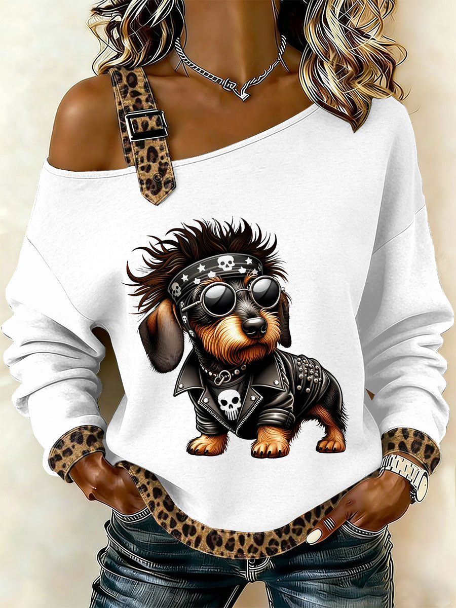 Women's Vintage Leopard Punk Dog Print Casual Off-Shoulder Sweatshirt