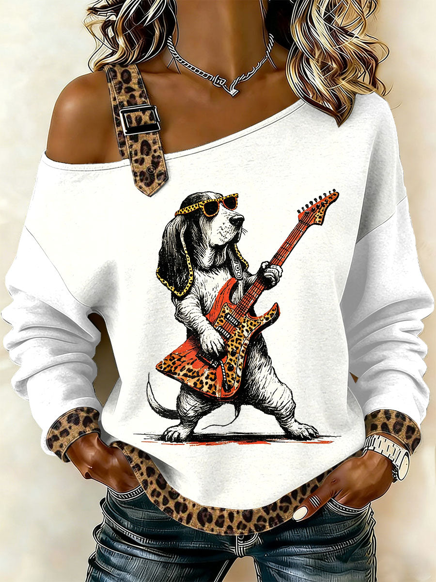 Women's Vintage Leopard Punk Dog Print Casual Off-Shoulder Sweatshirt