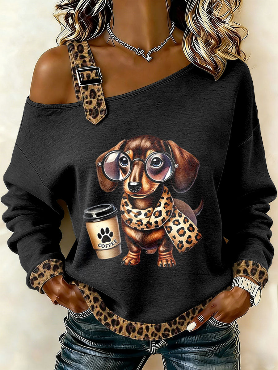 Women's Vintage Leopard Dog Print Casual Off-Shoulder Sweatshirt