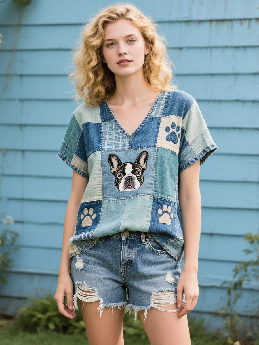 Women's Beautiful French Bulldog Pattern Pattern Art Linen Shirt