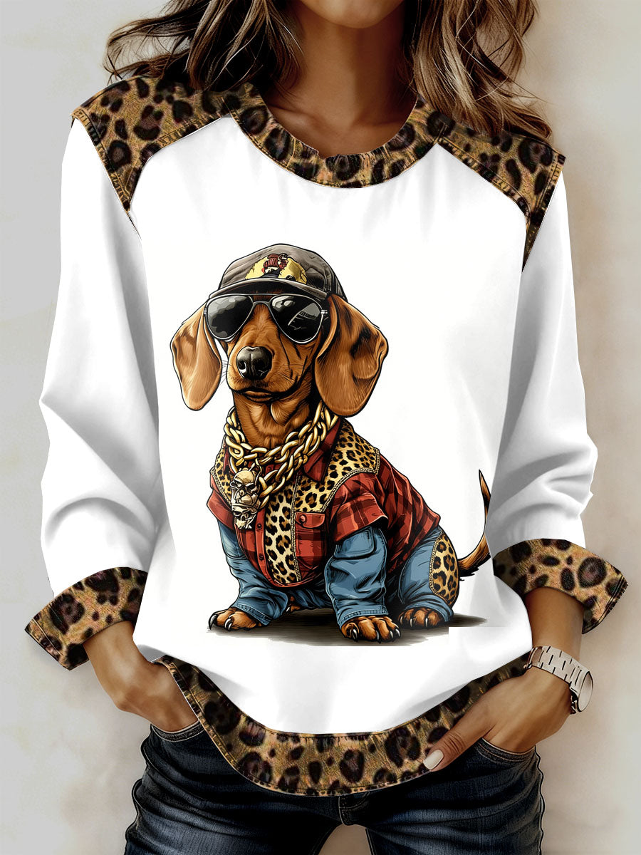 Women's Vintage Leopard Dog Print Casual Sweatshirt