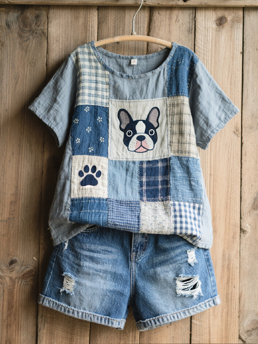 Women's Beautiful French Bulldog Pattern Art Linen T-Shirt