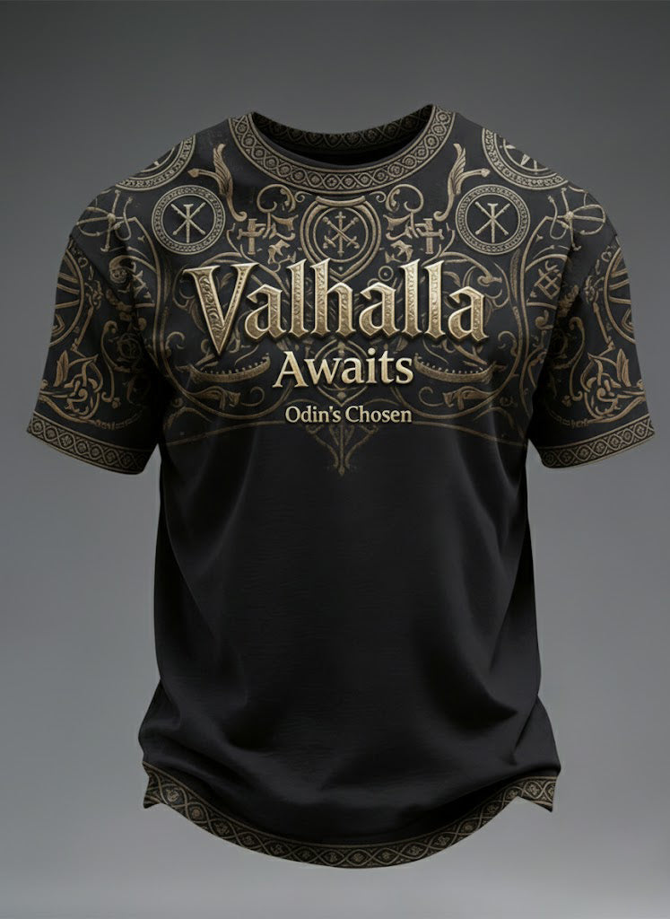 Herr Valhalla Väntar Vikingtryckt T-shirt