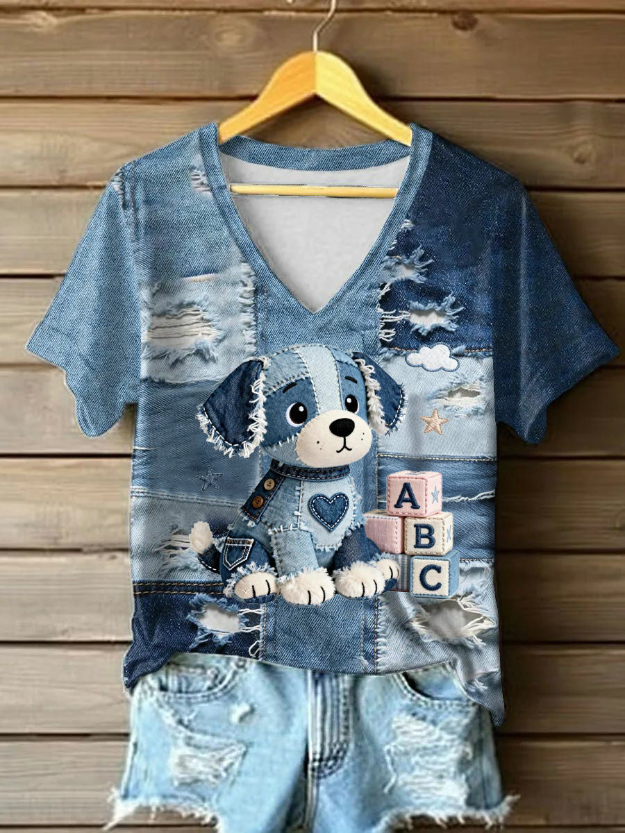 Women's vintage denim t-shirt with dog pattern and print