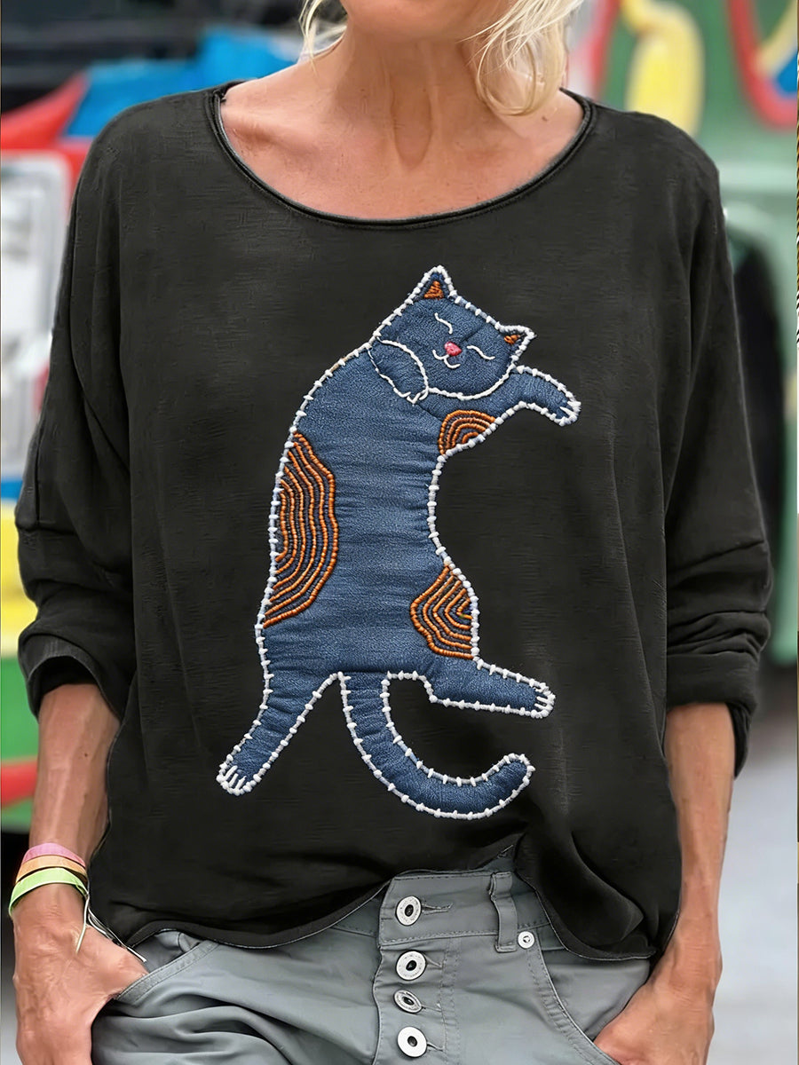 Kvinnors roliga söt katt patchwork konst tryckt tröjar
