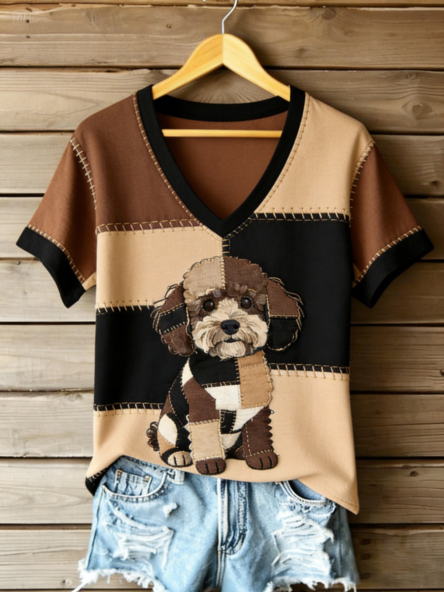 Dams vintage canvast-shirt med hundmönster, paddstickat och tryckt, V-ringning