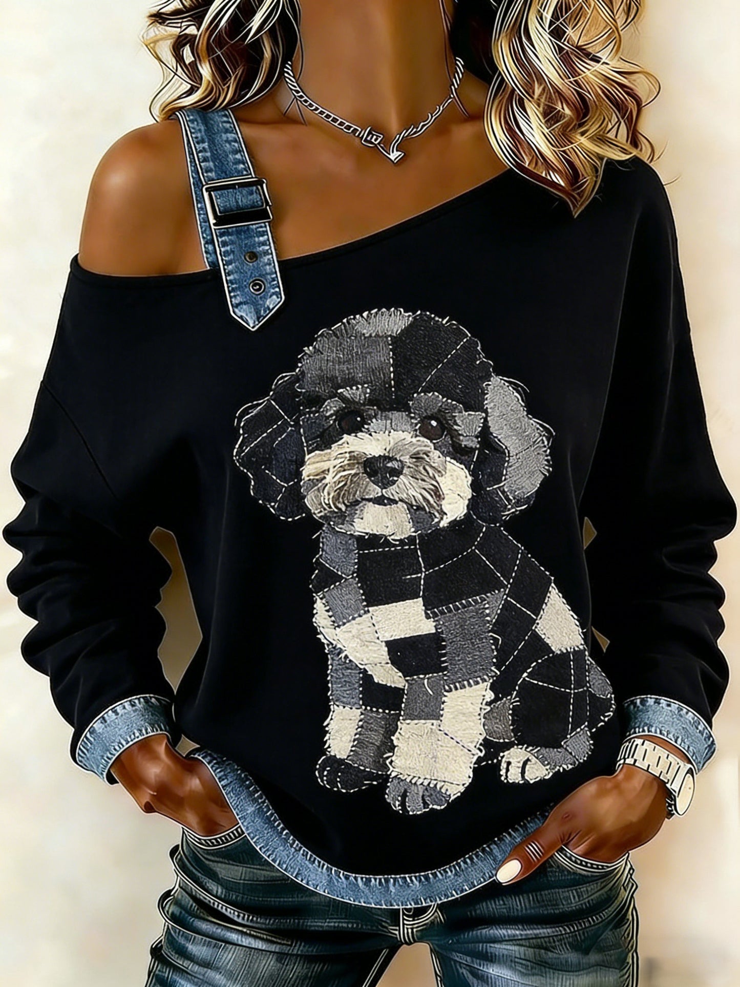 Kvinnors Vintage Canvas hund patchwork Print Casual Off-Shoulder Sweatshirt
