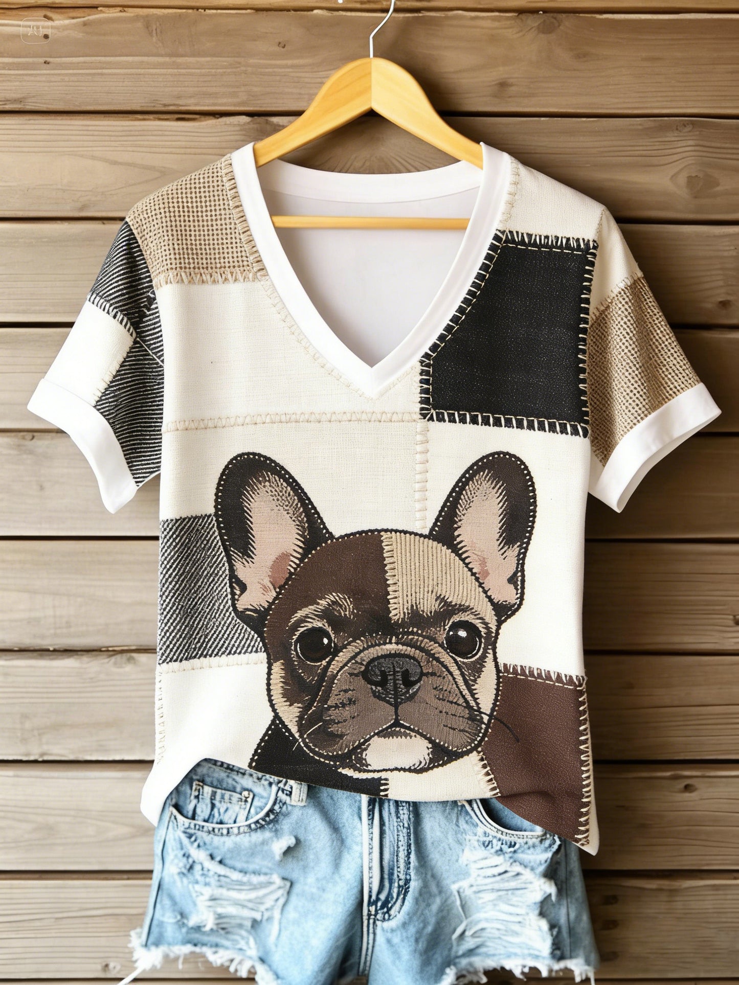 Women's Vintage Canvas Dog Patchwork Printed V-neck T-shirt