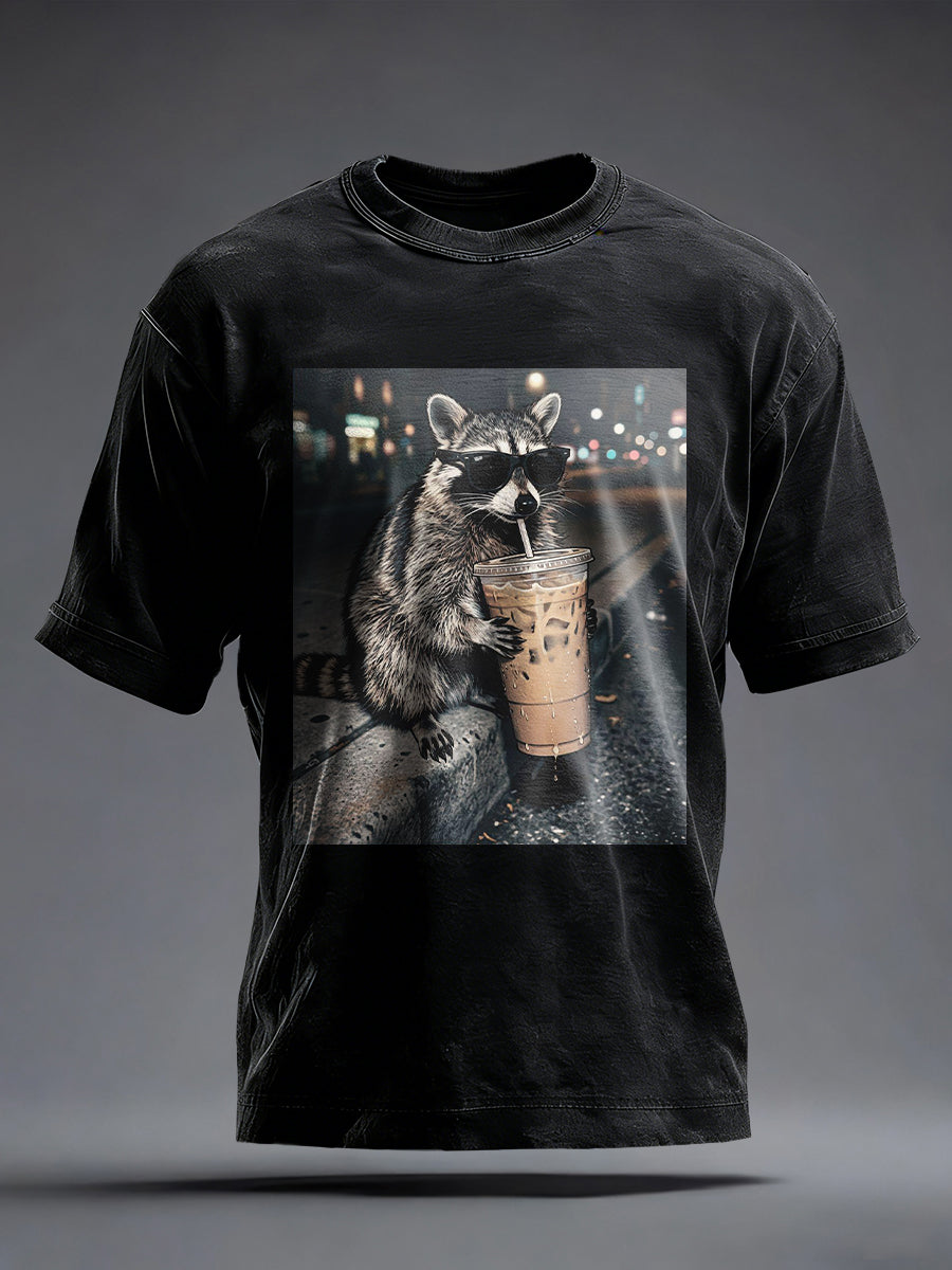 Mäns roliga tvättbjörn dricka iskaffe Print Vintage T-shirt