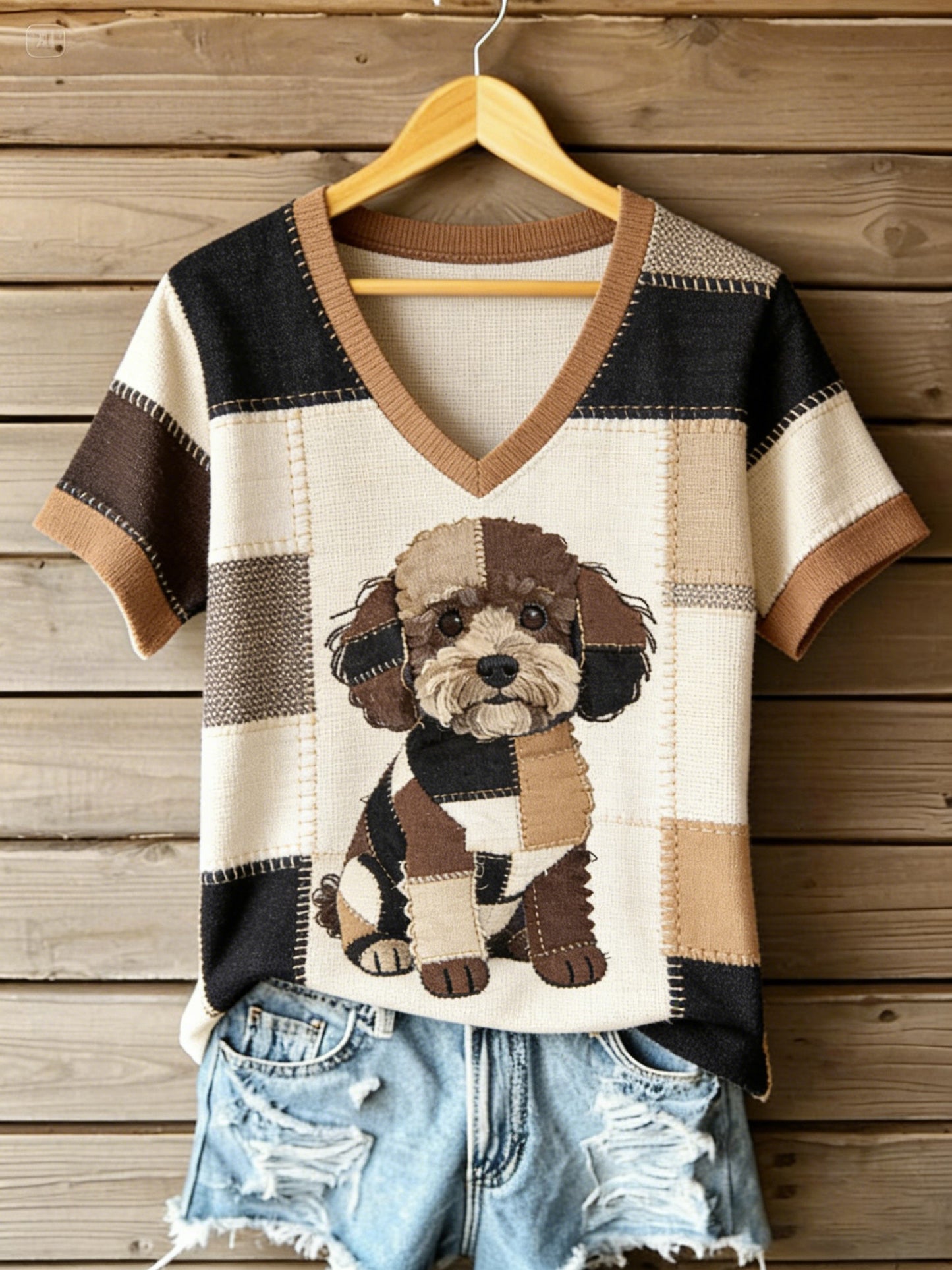 Kvinnors Vintage Canvas Hund Lappverk Tryckt V-hals T-shirt