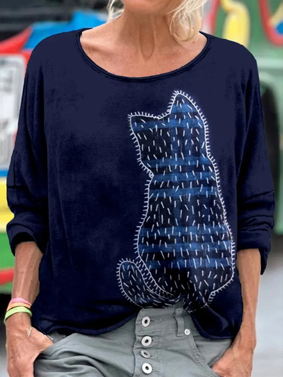 Dams ögongod katt-mönstrad broderad konsttryckt sweatshirt