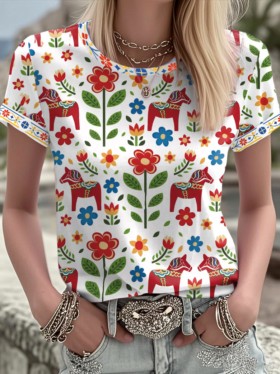 Ladies' Swedish Dala Horse Art Print T-Shirt