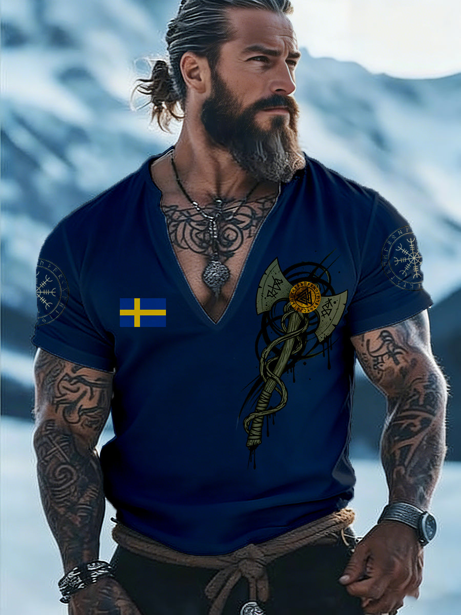 Men's Viking Style Printed V-Neck T-Shirt