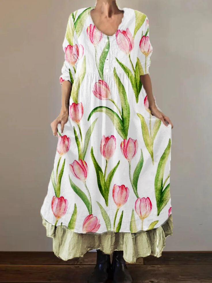 Women's Shirt Tulip Flower Double-Layered Long Dress