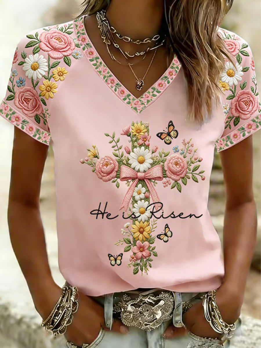 Women's Plants Flowers Printed V-neck T-shirt