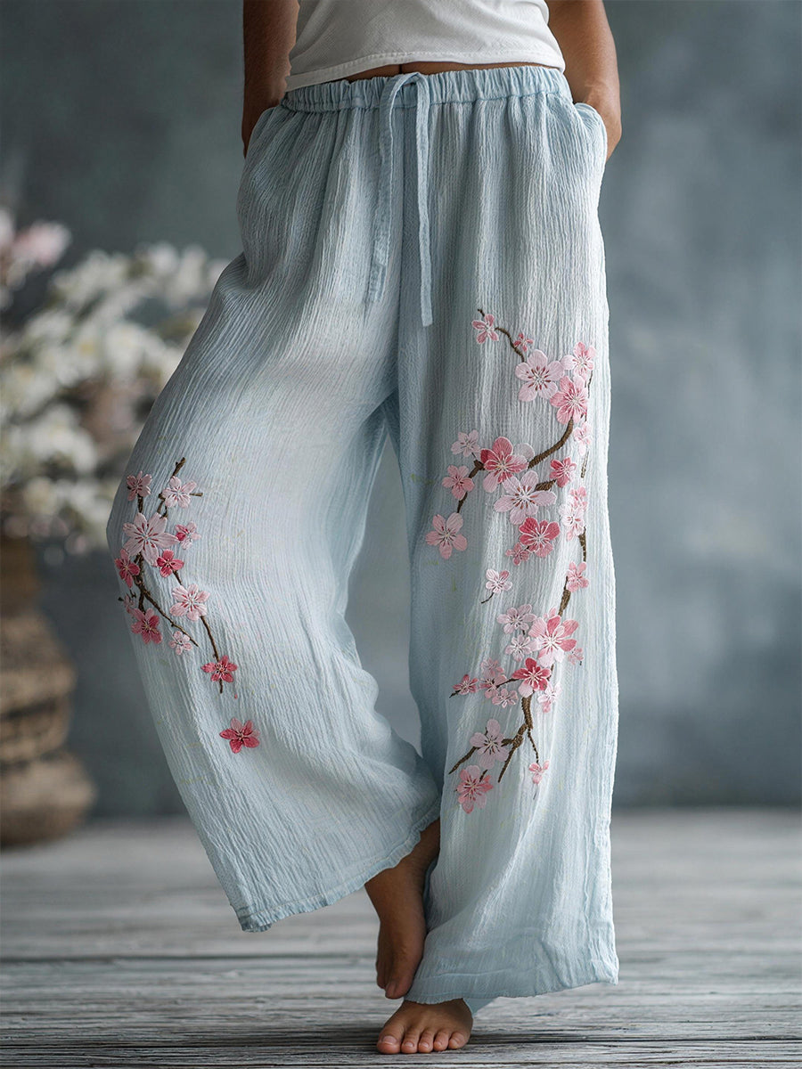Women's Floral Embroidery Pattern Linen Blend Trousers