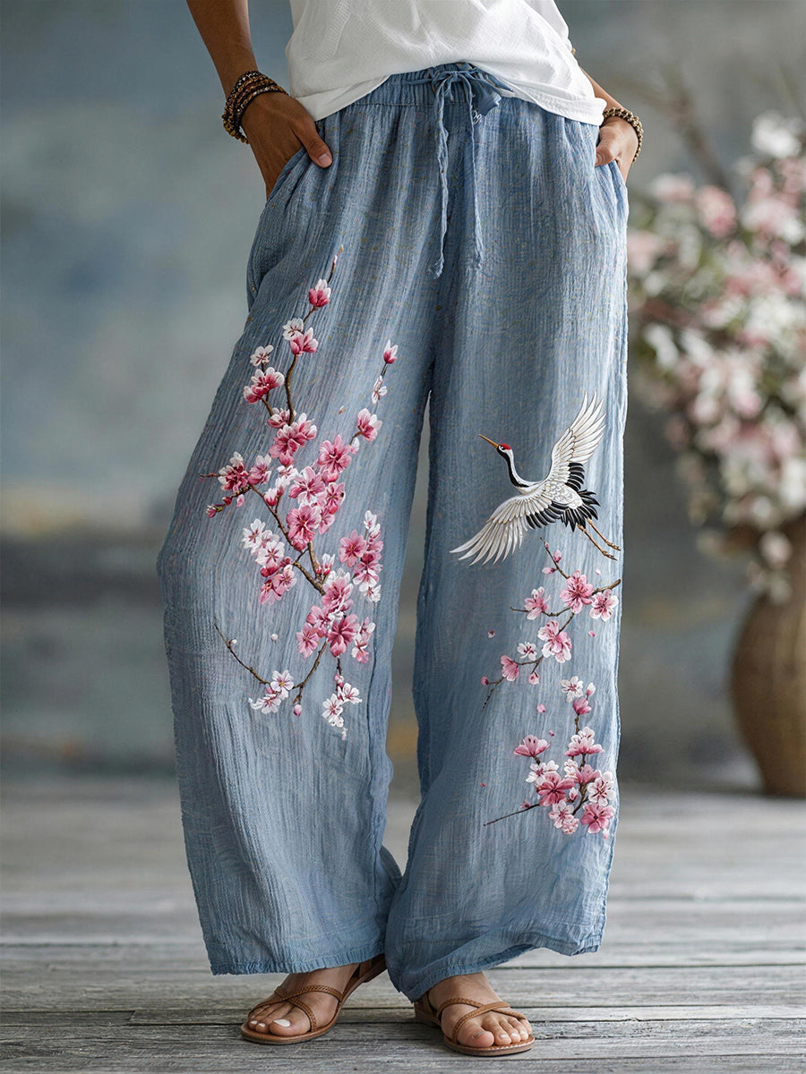 Women's Floral Embroidery Pattern Linen Blend Trousers