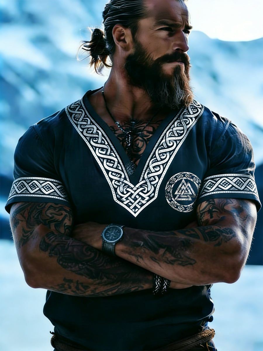 Men's Swedish Viking-themed Print V-Neck T-Shirt