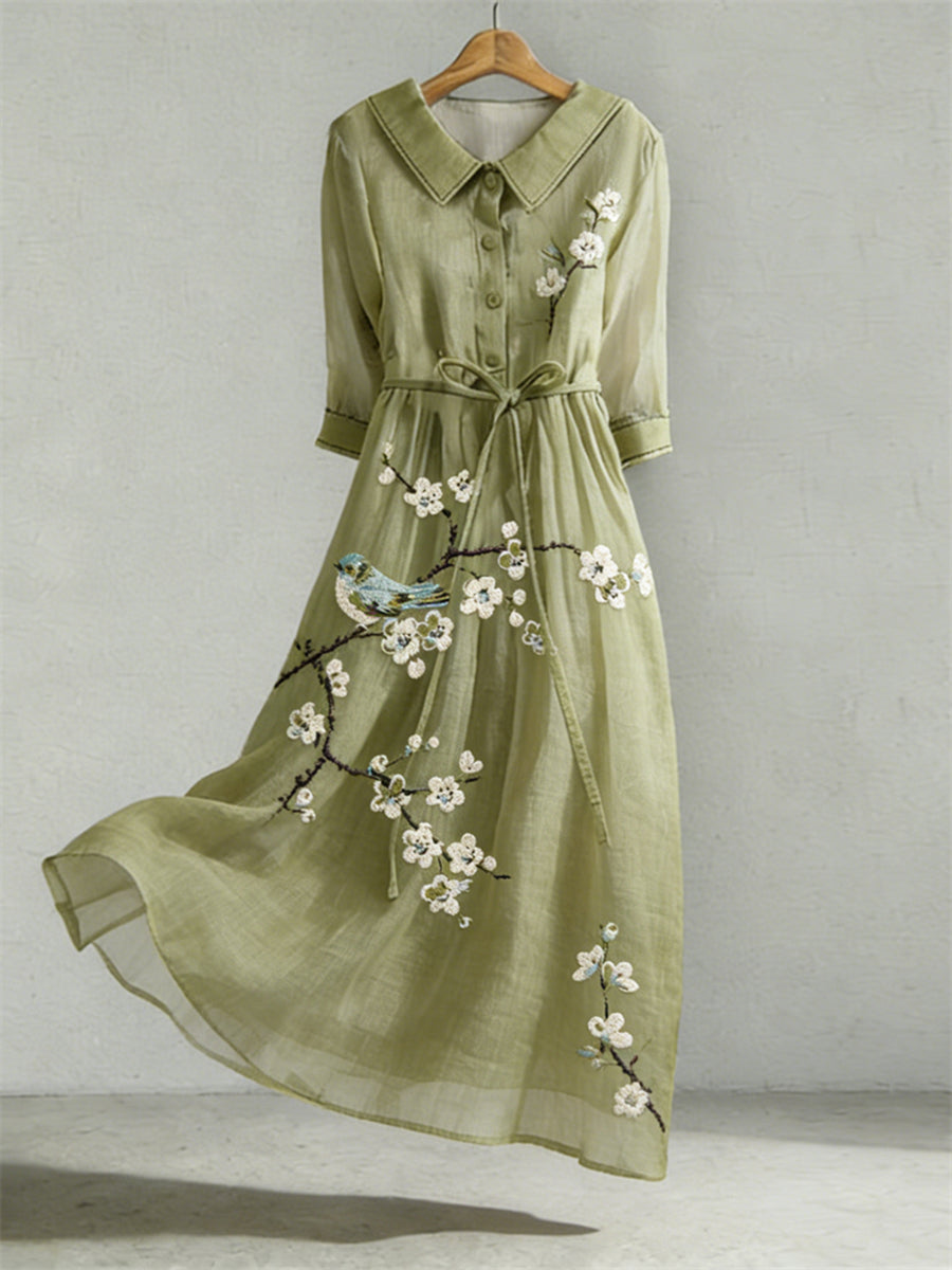 Women's Floral and Bird Embroidery Pattern Linen Blend Dress