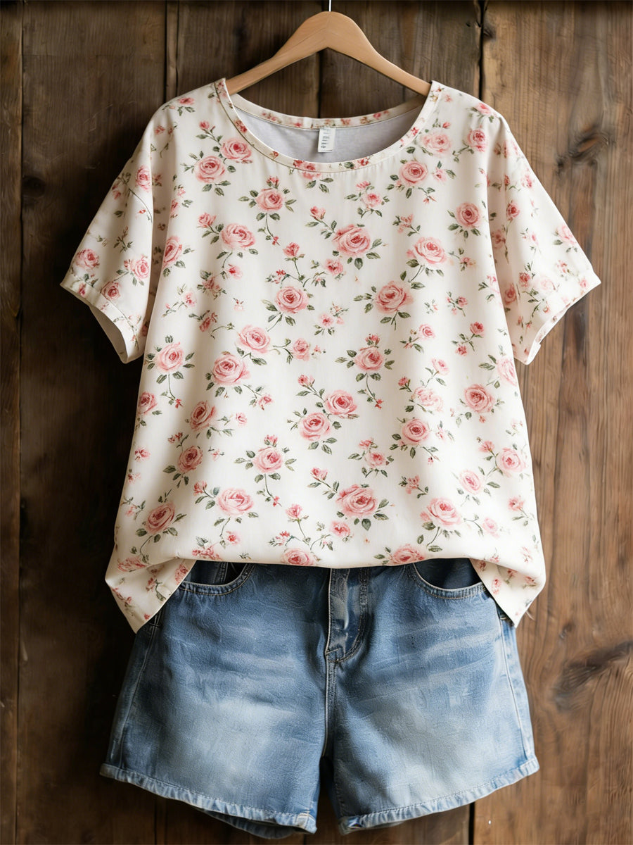 Women's shirt with printed plant and flower pattern, casual style